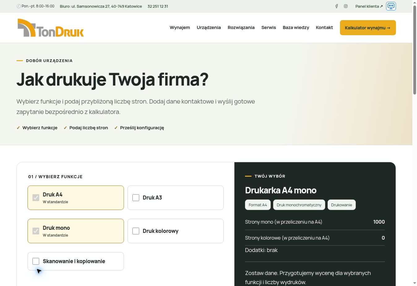 Kalkulator doboru urządzenia na nowej stronie TonDruk