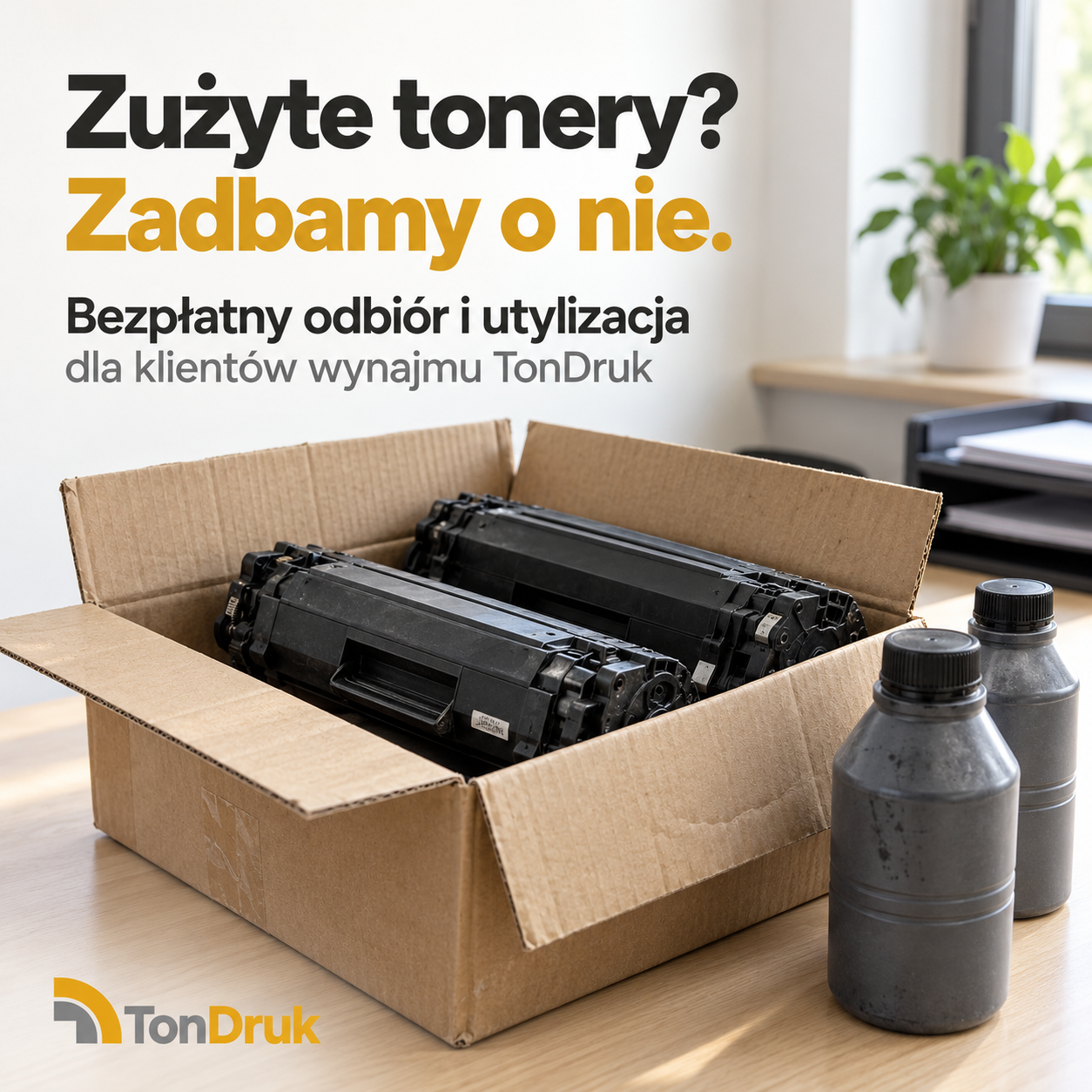 Ilustracja: zużyte tonery przygotowane do odbioru. Bezpłatny odbiór i utylizacja dla klientów wynajmu TonDruk.